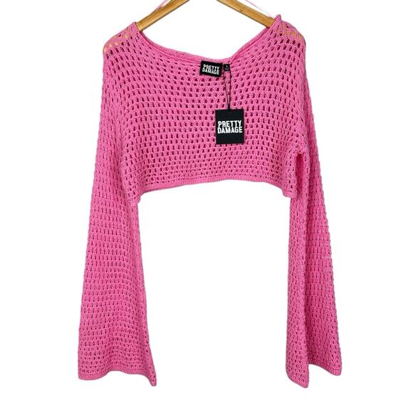 Pretty Damage Pink Crochet Bell Long Sleeve Crop Knit Boho Top Sz Small NWT - Picture 2 of 7